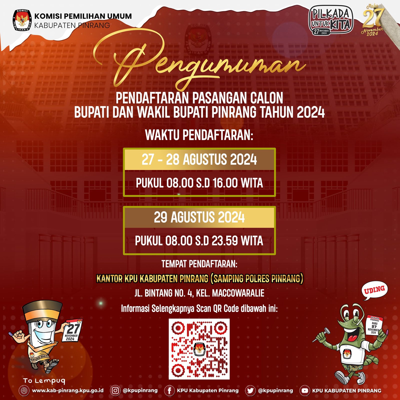 Pengumuman pendaftaran calon Bupati dan Wakil Bupati Pinrang oleh KPU Pinrang