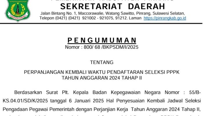 Pendaftaran Seleksi PPPK Kabupaten Pinrang Tahap II Tahun 2024 Diperpanjang Hingga 15 Januari 2025