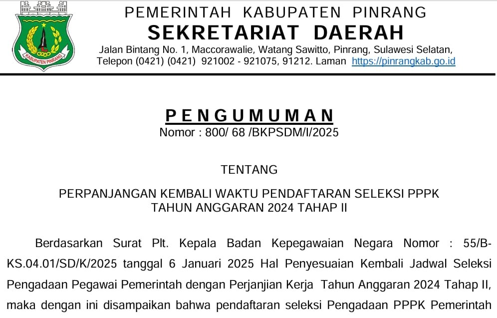 Pendaftaran Seleksi PPPK Kabupaten Pinrang Tahap II Tahun 2024 Diperpanjang Hingga 15 Januari 2025