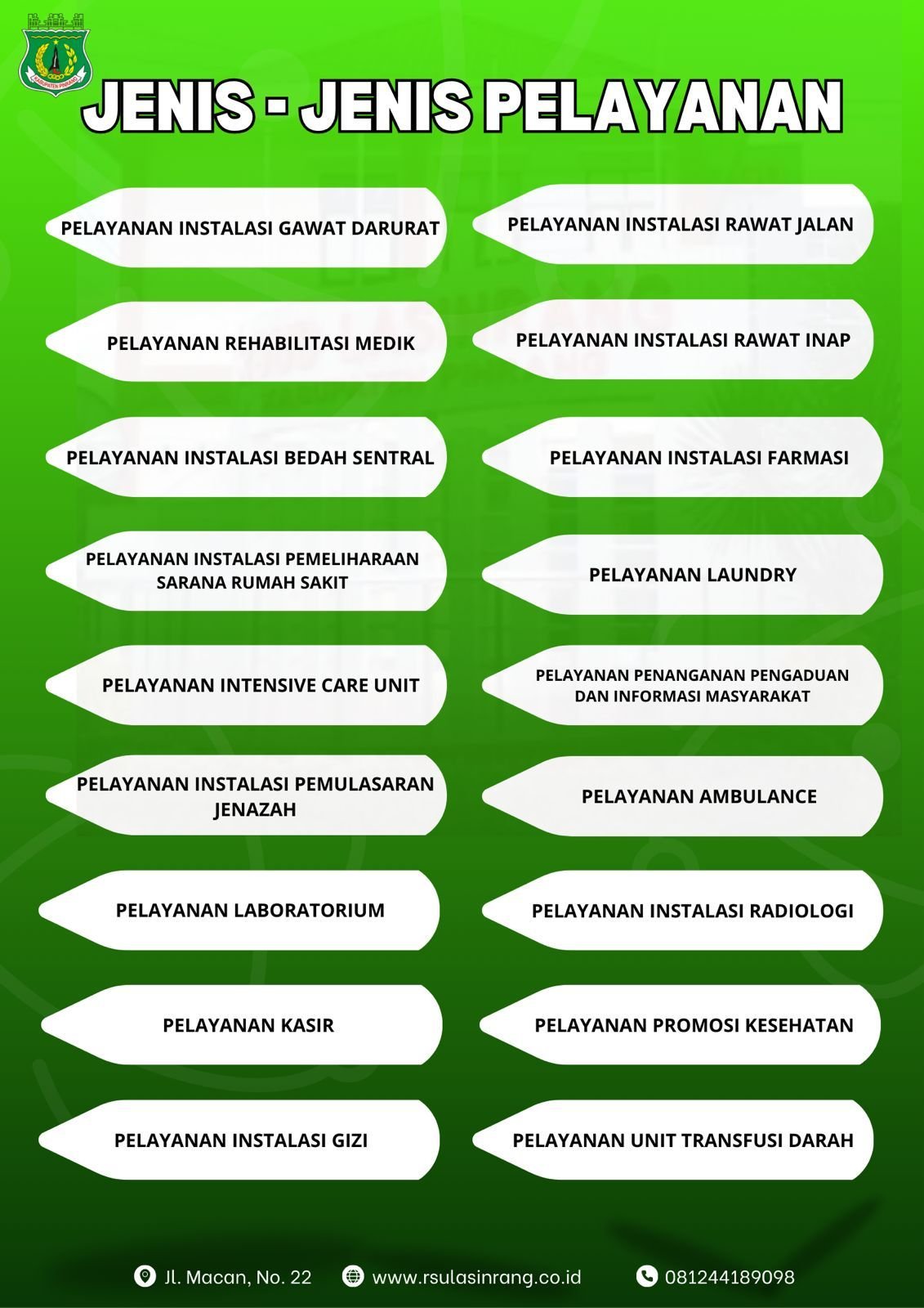RSUD Lasinrang Pinrang kini menghadirkan 20 jenis layanan medis yang lengkap, mulai dari IGD, Rawat Inap, Bedah Sentral, hingga layanan penunjang seperti Farmasi dan Radiologi