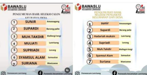 Screenshot hasil pengumuman PKD Panwascam Lanrisang, Bawaslu Pinrang.