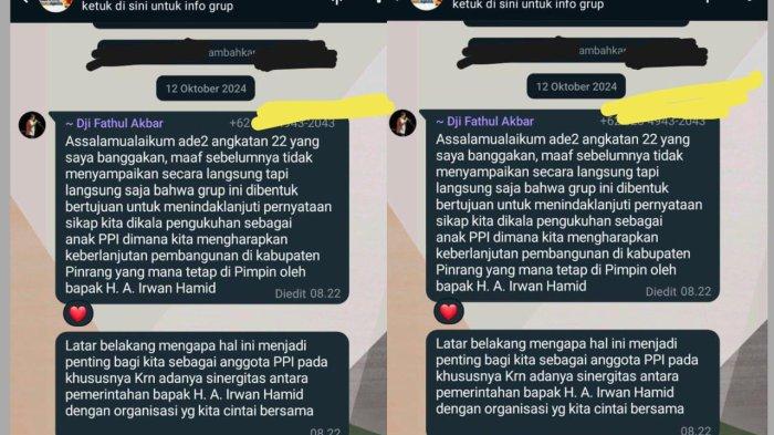 Tangkap layar percakapan grup WhatsApp Ketua PPI Pinrang H Fathul Akbar (IST).