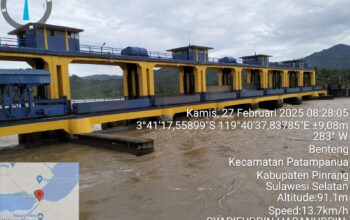 Debit air Bendungan Benteng, Kabupaten Pinrang mengalami kenaikan mencapai 1.511,39 m³/detik, Kamis, 27 Februari 2025 pada pukul 08.30 WITA. Akibatnya status air di Bendung Benteng Sungai Saddang kategori SIAGA