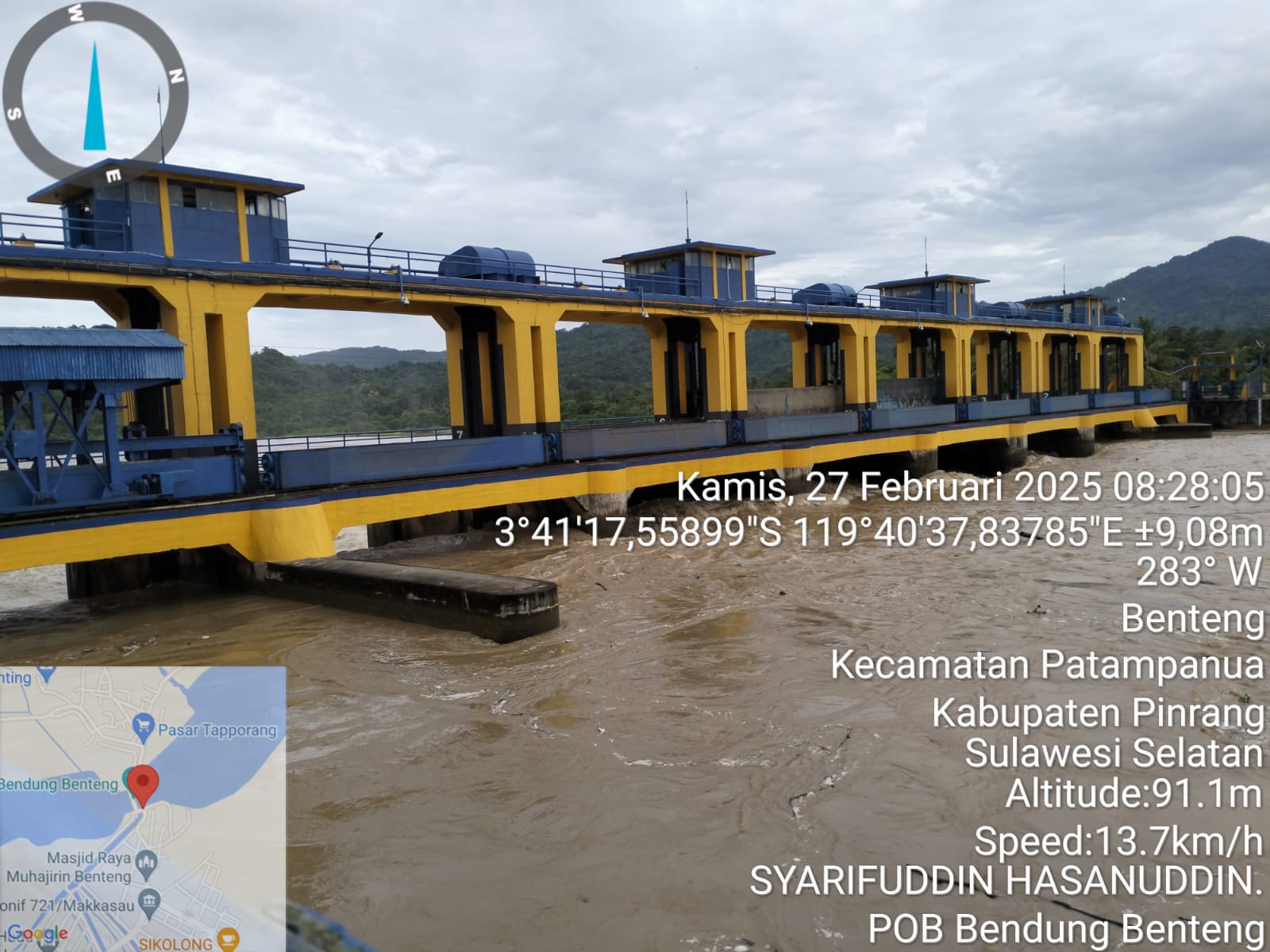 Debit air Bendungan Benteng, Kabupaten Pinrang mengalami kenaikan mencapai 1.511,39 m³/detik, Kamis, 27 Februari 2025 pada pukul 08.30 WITA. Akibatnya status air di Bendung Benteng Sungai Saddang kategori SIAGA